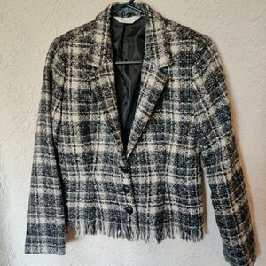 Bleyle Wool Tweed Plaid Lined Cropped Fringed Hem Jacket Petite Size 4